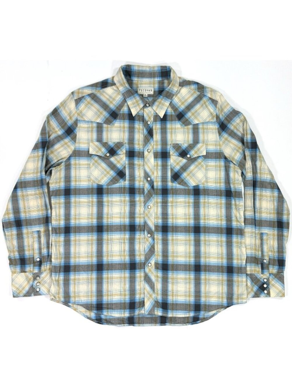 Tecovas Mens Pearl Snap Western Shirt Sz XL Plaid Blue Yellow Long Sleeve Cowboy